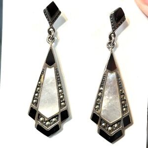 VTG Art Deco Sterling Marcasite Onyx Mother Of Pearl Drop Pierced Earrings 925